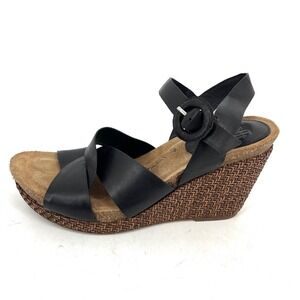 Soft Style Black Leather Wedge Sandals Women's‎ Size 9M Buckle Ankle Strap